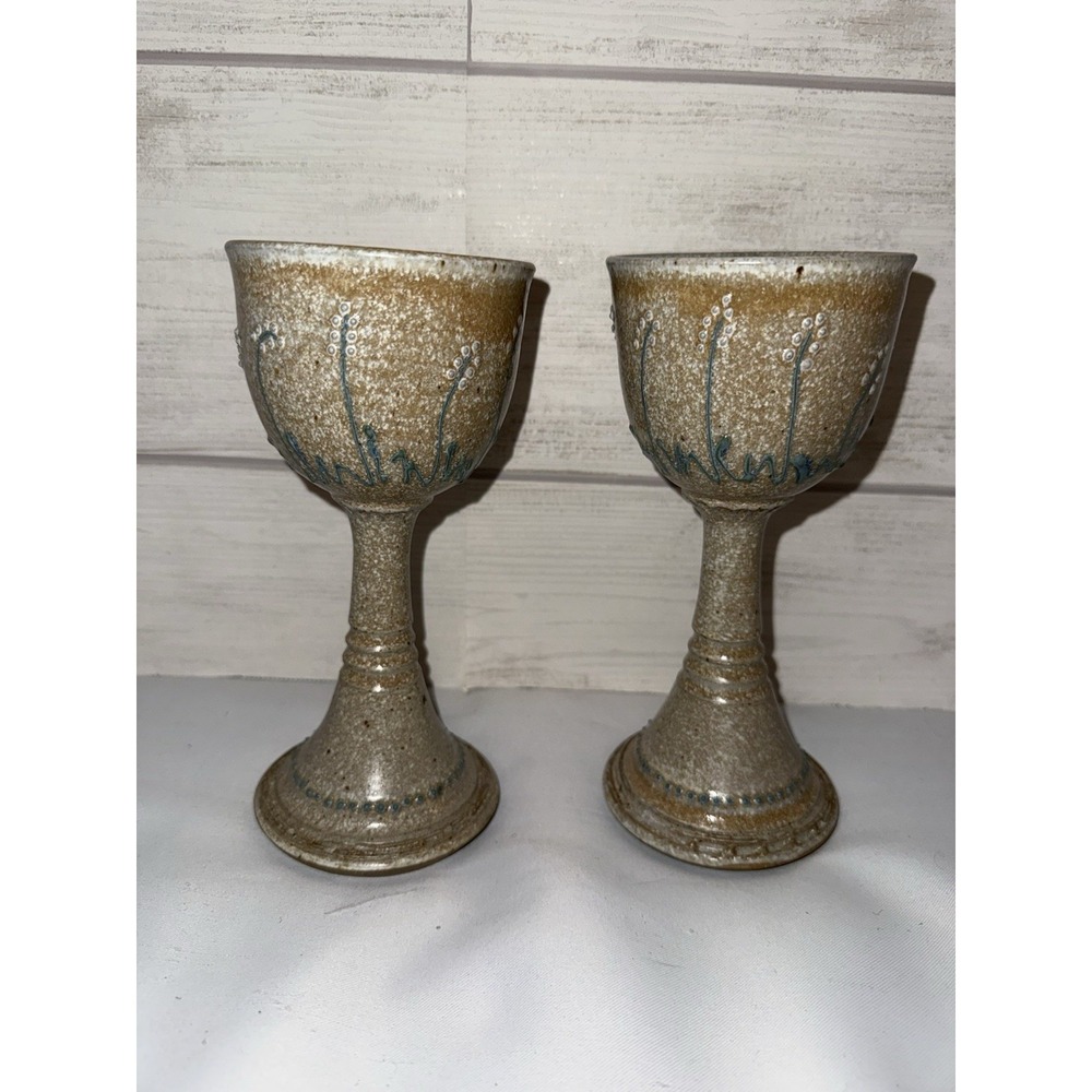 Vintage Studio Pottery Stoneware Goblets Set of 2 Speckled Tan Floral Chalices